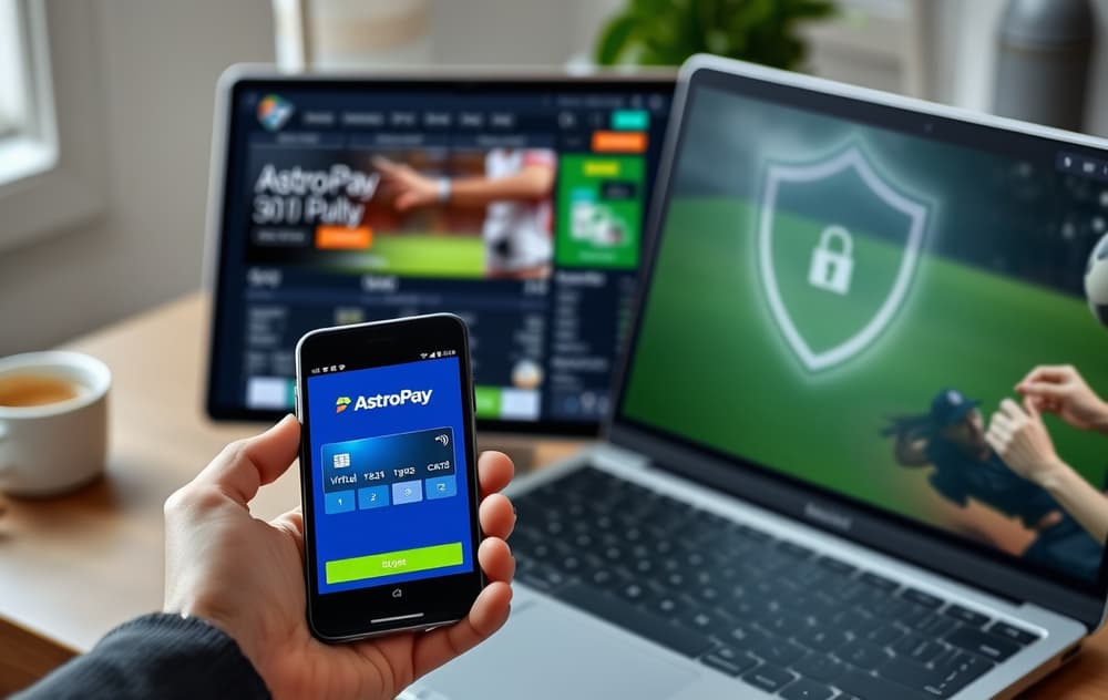 Person som bruker AstroPay-appen på mobilen for å sette inn penger på en bettingside på laptop.