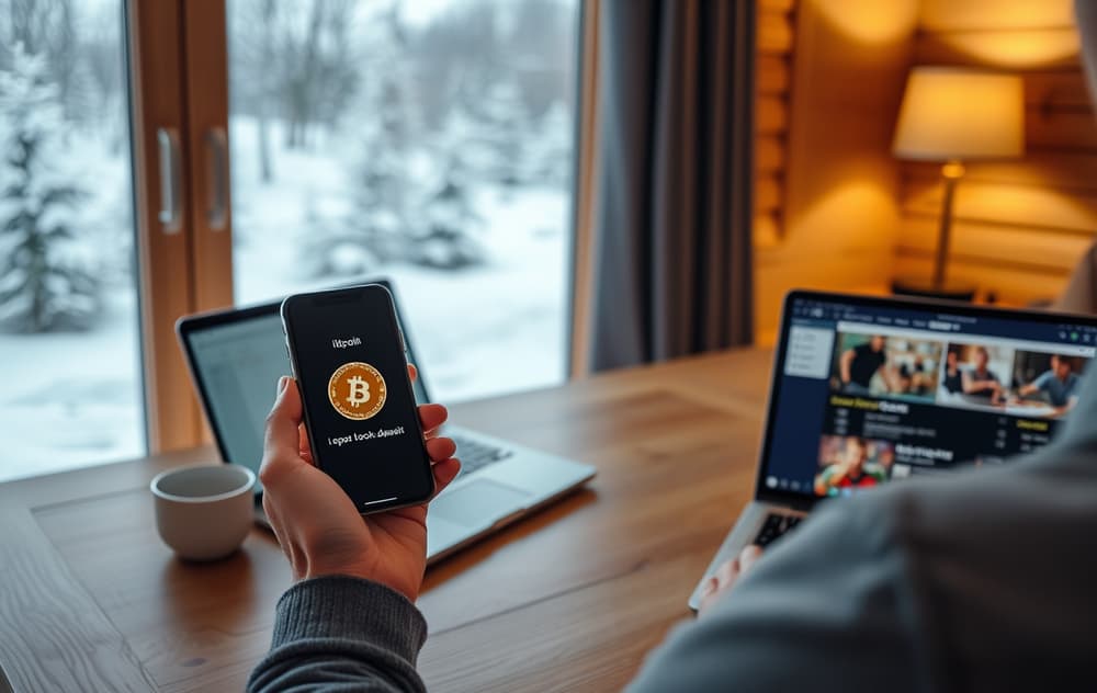 Person som skanner Bitcoin QR-kode på mobil for å sette inn på en bookmaker, med laptop med odds i bakgrunnen.