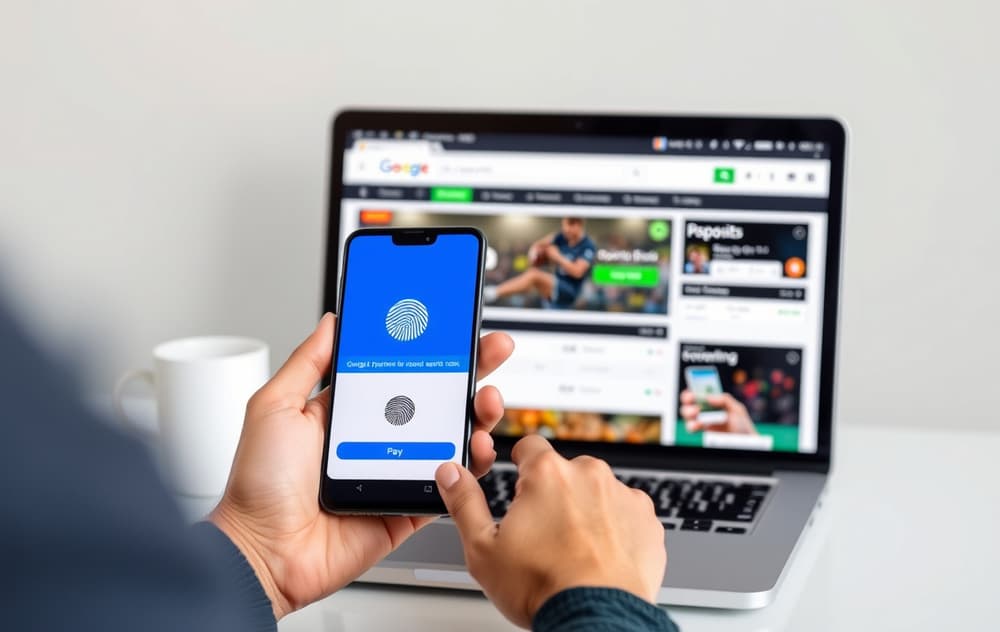 Person som bruker Google Pay på mobil for å sette inn penger på en bookmakerside.