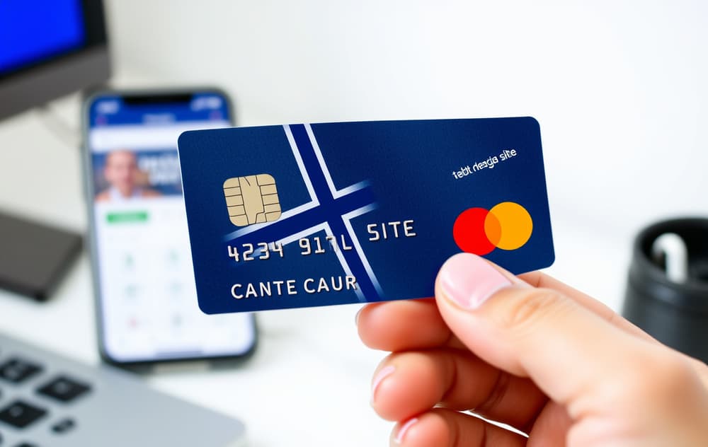 Norsk Mastercard-debetkort holdt foran en mobiltelefon med en bookmakers innskuddsskjerm