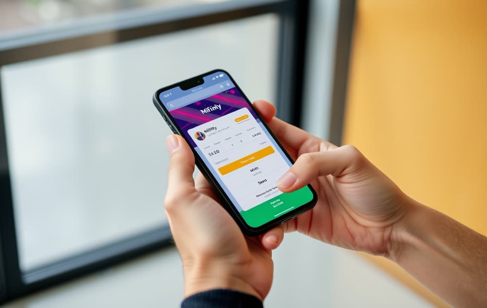 Person med mobiltelefon som viser MiFinity-appen for bettinginnskudd.