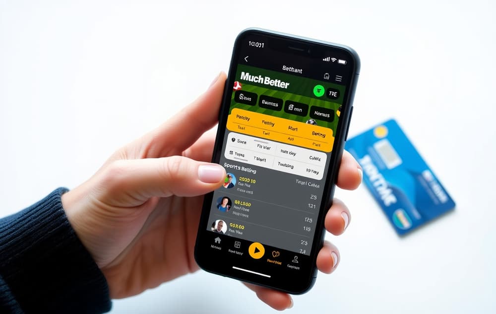 Smarttelefon med MuchBetter-appen og en bookmaker-side i bakgrunnen, med et betalingskort ved siden av.