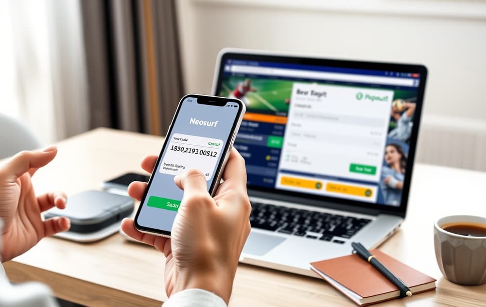 Person med mobiltelefon som viser Neosurf-kupongkode, ved siden av en bærbar PC med en bookmaker-side.