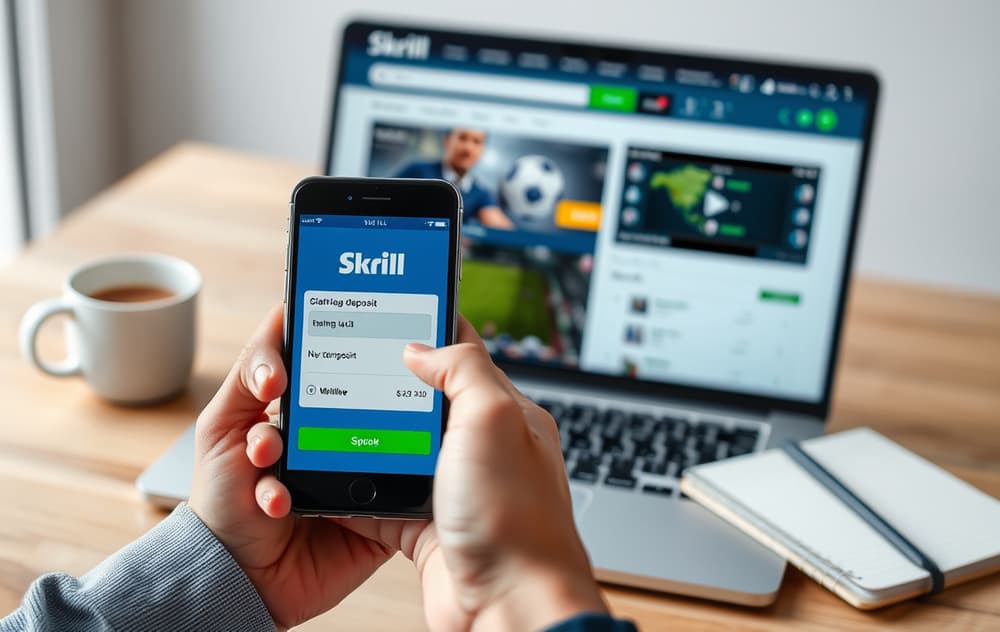 Person med smartphone som viser Skrill-appen, med en laptop i bakgrunnen som viser en bettingside.