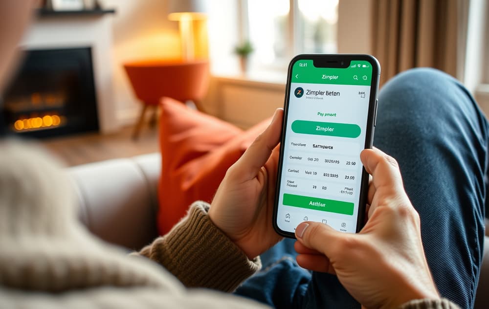 Person som betaler med Zimpler på en mobil betting-app, sittende i en stue.