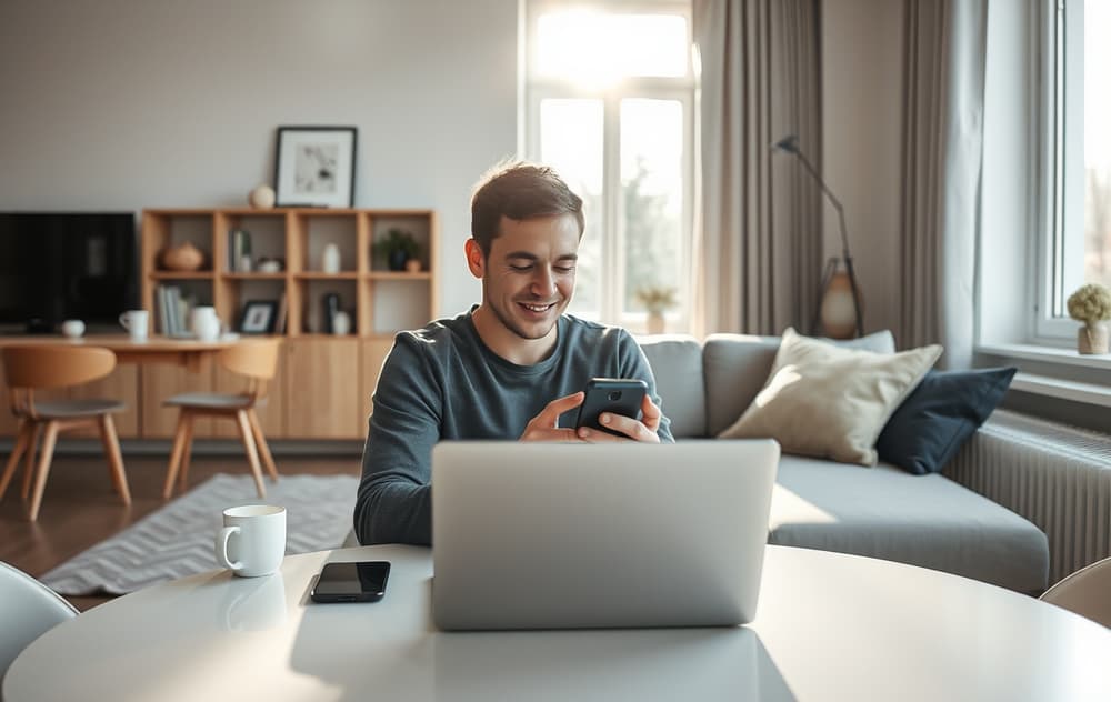 Person med mobil og laptop i en norsk stue, som vurderer odds på nett