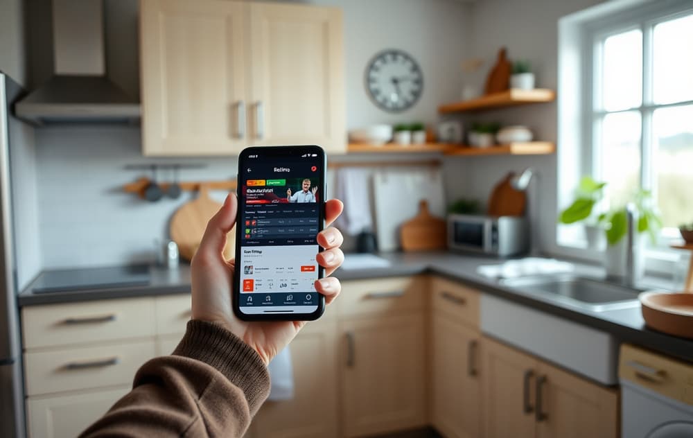 Person med mobil i norsk kjøkken, sjekker odds på en bettingside