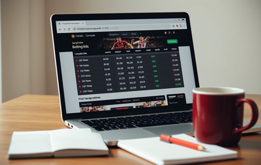 Nærbilde av laptop med oddsammenligning, kaffekopp og notatblokk