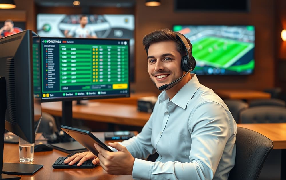 Kundeservicemedarbeider med headset foran skjermer med odds og live betting