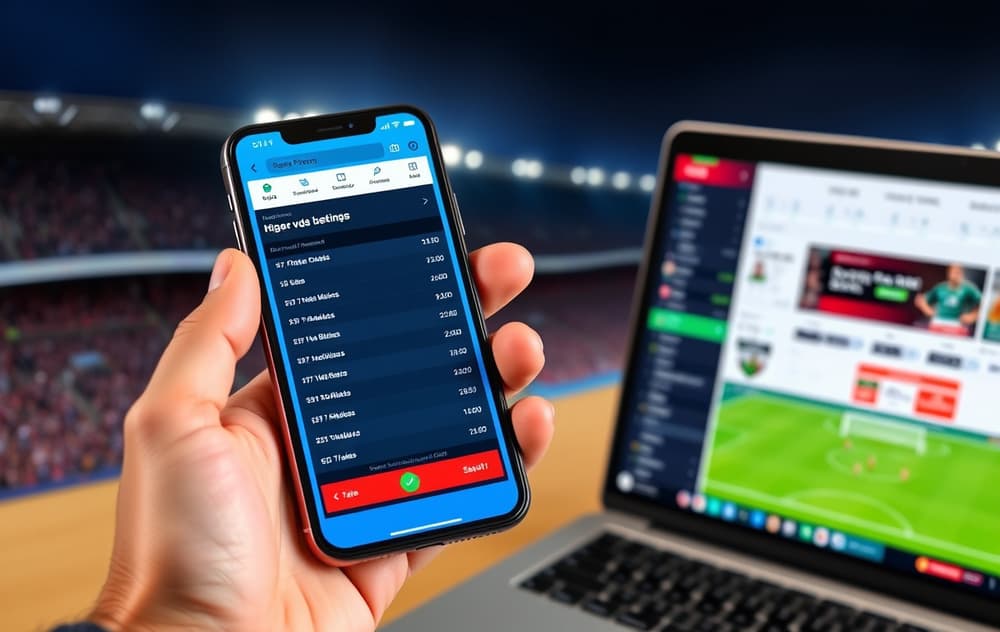 Person med smarttelefon som viser fotballodds, med stadion i bakgrunnen.