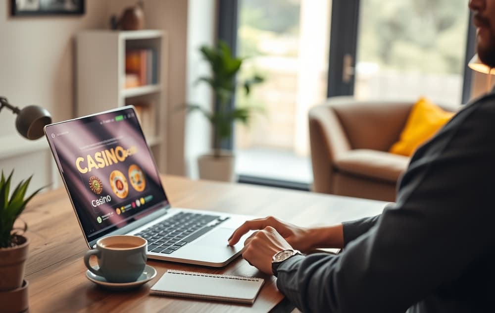 En person som sammenligner casinoer på en laptop, med notater og kaffekopp.