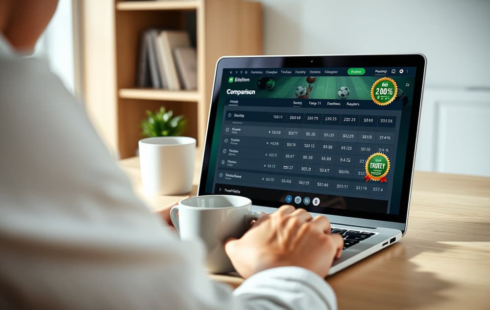 Person som sammenligner bettingsider på en bærbar PC, med en kopp kaffe og et skjermbilde av en pålitelig lisensmerking.