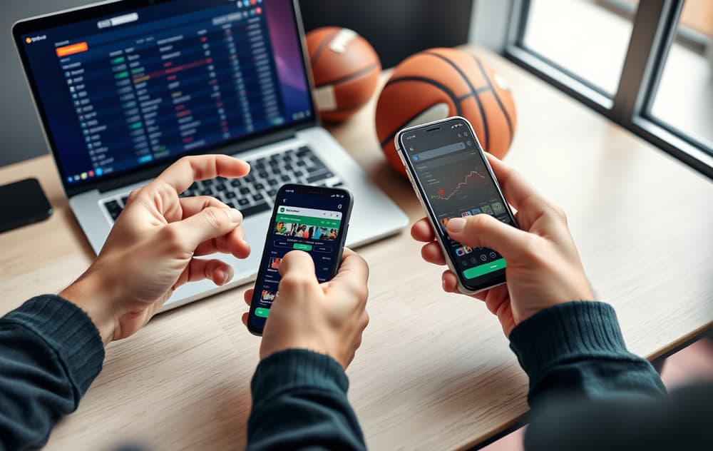 Person som sammenligner bettingapper på to mobilskjermer med sportsutstyr i bakgrunnen