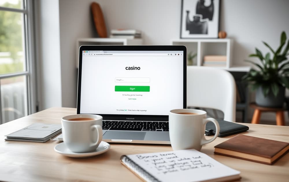 Skrivebord med laptop som viser casino uten omsetningskrav, notatblokk og kaffekopp