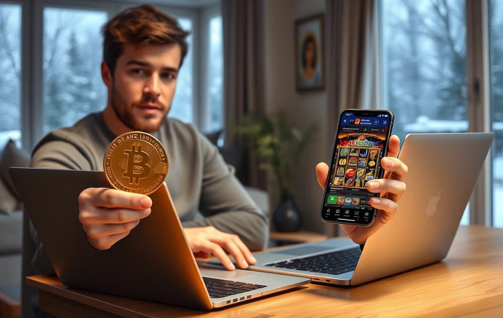 Person med Bitcoin-mynt og laptop som viser casino uten registrering