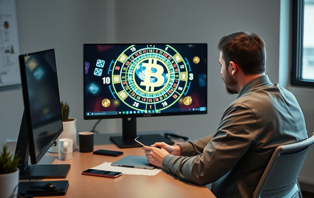 Person som vurderer kryptocasino på mobil og datamaskin med sikkerhetssymboler.