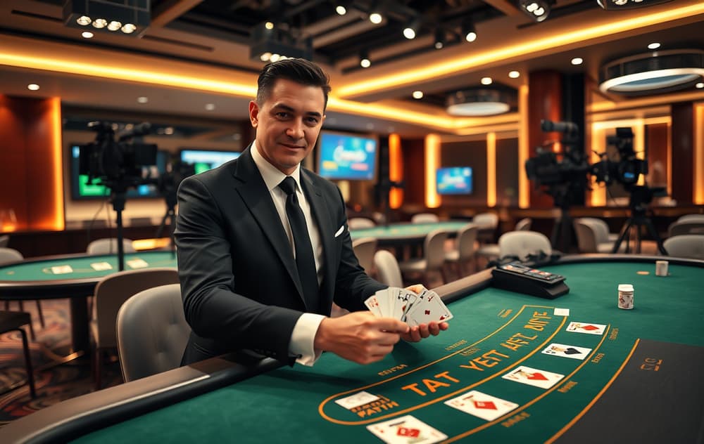 Live casino-studio med ekte dealer ved blackjack-bord og profesjonell belysning.