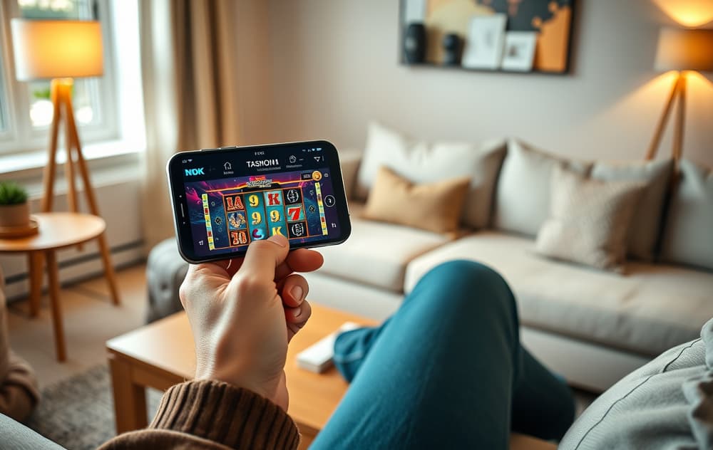 Person som spiller på mobilcasino i stuen, med skjerm som viser spilleautomat og live blackjack