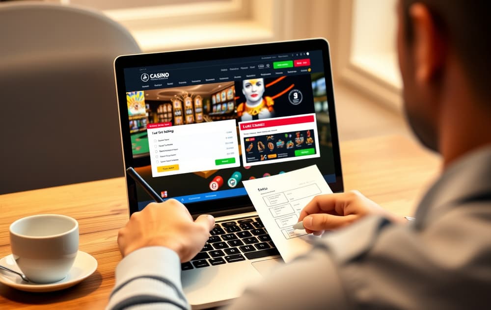 Person som sammenligner nettcasinoer på laptop med sjekkliste