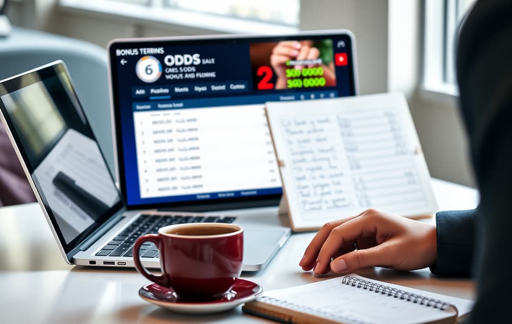 Person som analyserer oddsbonusvilkår på en laptop, med notatblokk og kaffekopp på skrivebordet.