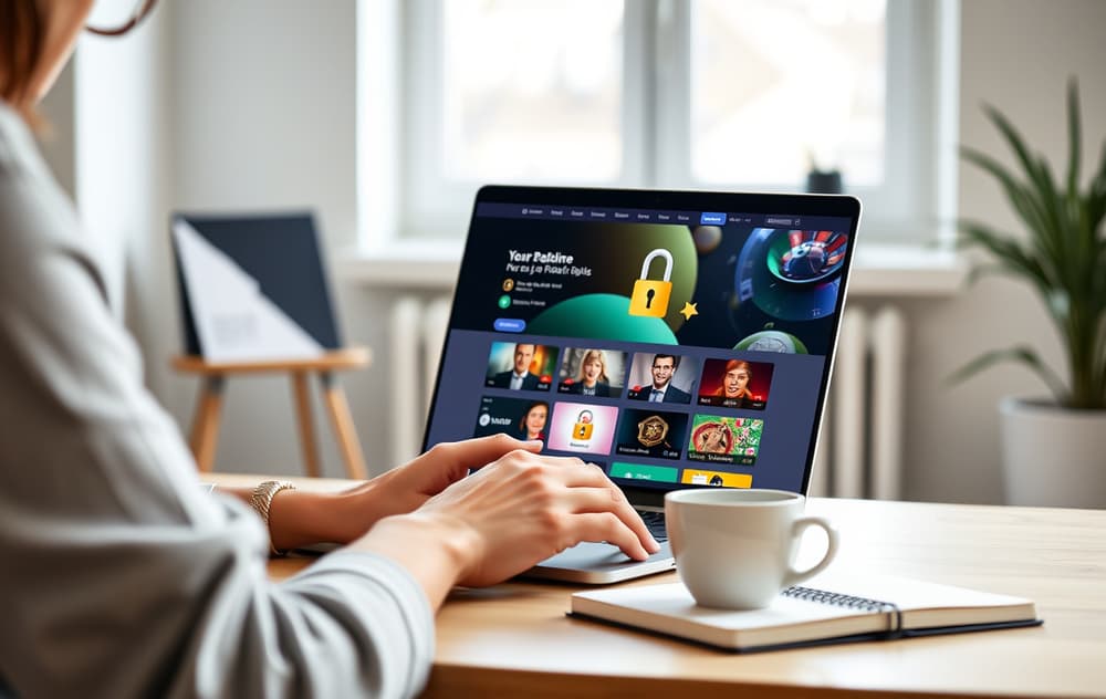 Person på kontor sjekker trygt casino på laptop med hengelås-ikon.