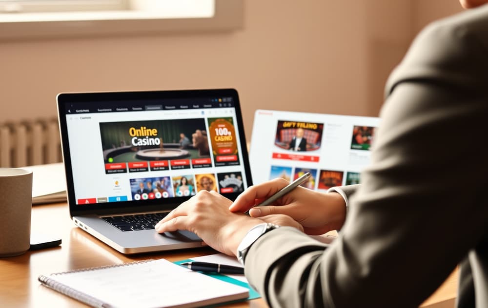 Person som sammenligner utenlandske casino på laptop med notatblokk