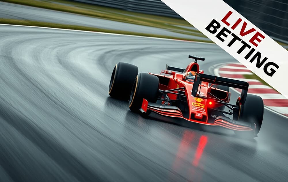 Formel 1-bil på våt bane med odds- og live-betting-overlegg