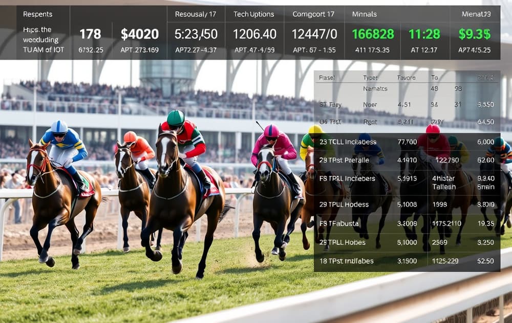 Hesteløp med jockeyer i fargerike drakter og digitale odds på skjerm