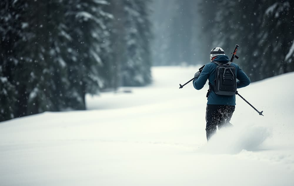 Skiskytter i aksjon med rifle på ryggen i snøvær.